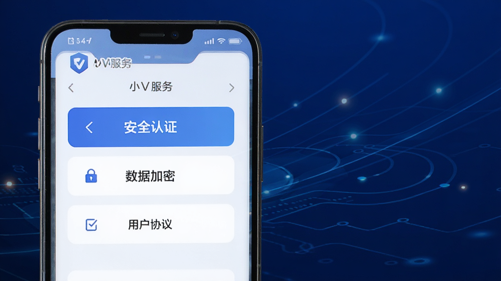 画面主体为“小V服务”应用的安全认证界面,屏幕上显示“安全认证”、“数据加密”、“用户协议”等选项,背景为深蓝色科技感渐变,带有点缀的发光线条,整体风格专业,细节精致,画质清晰干净,无多余元素。
