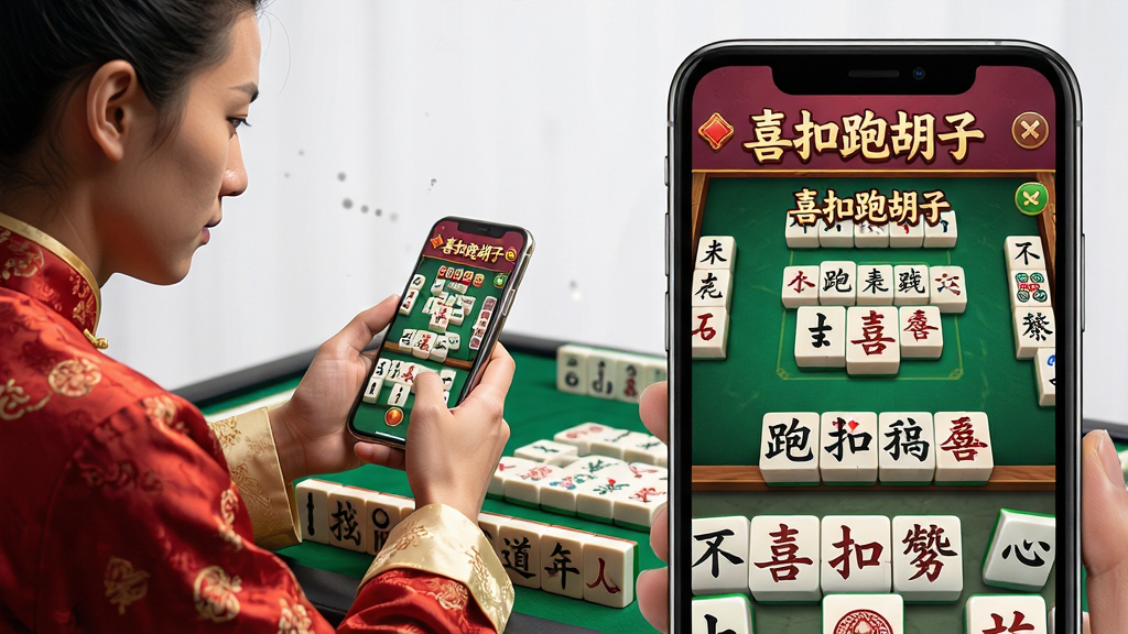 主体:一位身着中式服饰的玩家正专注地拿着手机,屏幕上清晰显示着“喜扣跑胡子”的游戏界面,牌桌上有序摆放着跑胡子字牌。布局:画面左侧为玩家侧影,右侧为手机游戏界面特写,形成互动感。排版:手机界面占据画面二分之一以上,字牌花色清晰可见。风格:写实与游戏UI结合,色彩明亮,突出湖南地方文化特色。细节:游戏界面上的“喜扣跑胡子”字样需清晰,牌面文字可辨。画质:高清渲染,干净,无多余元素。