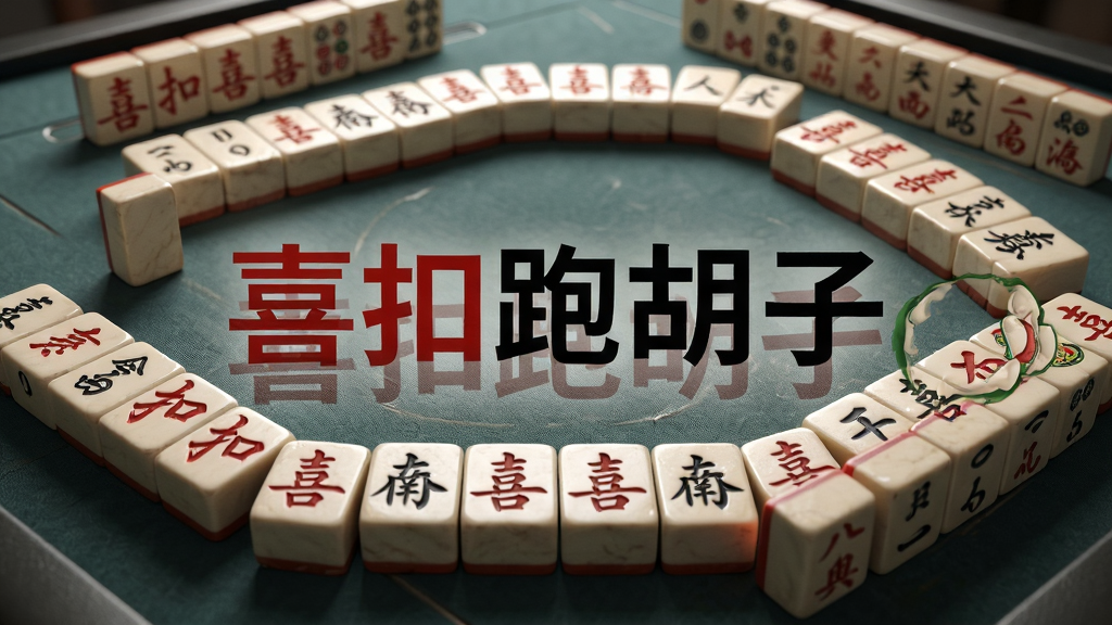 主体:一张放大的跑胡子牌桌特写,桌面上有“喜扣跑胡子”游戏LOGO的水印。布局:居中构图,牌桌占满画面,四周留出少量空间。排版:牌面文字“喜扣跑胡子”以水印形式置于牌桌中央。风格:写实风格,牌面质感清晰,红黑两色字牌对比鲜明。细节:牌桌纹理细腻,光影效果真实,凸显字牌质感。画质:高清,干净,无多余元素。