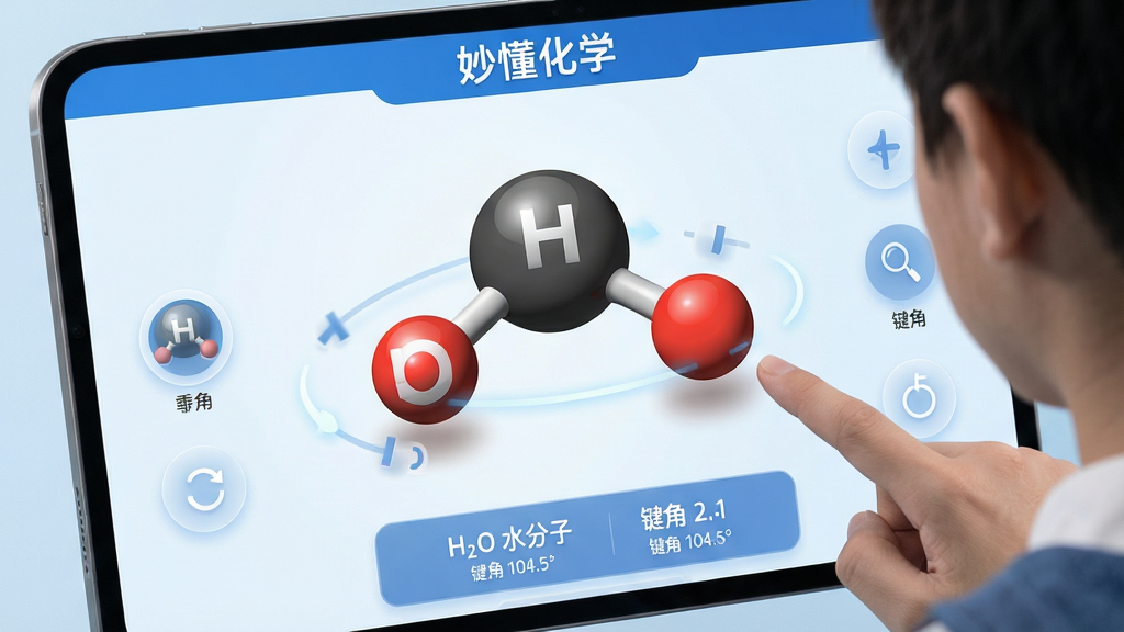 主体:妙懂化学App的三维分子结构演示界面,屏幕上展示一个放大的水分子模型,原子用红白球表示,学生手指正在旋转模型。布局:屏幕中央为分子模型,周围有旋转、缩放、重置等操作图标,底部有分子名称和键角数据。排版:简洁清晰,模型突出,操作按钮半透明悬浮。风格:科技感、教育感、蓝白配色。细节:分子模型带有光影效果,原子球体有光泽,界面文字“H2O 水分子”和“键角 104.5°”可见。画质:8k超高清,干净,无多余元素。