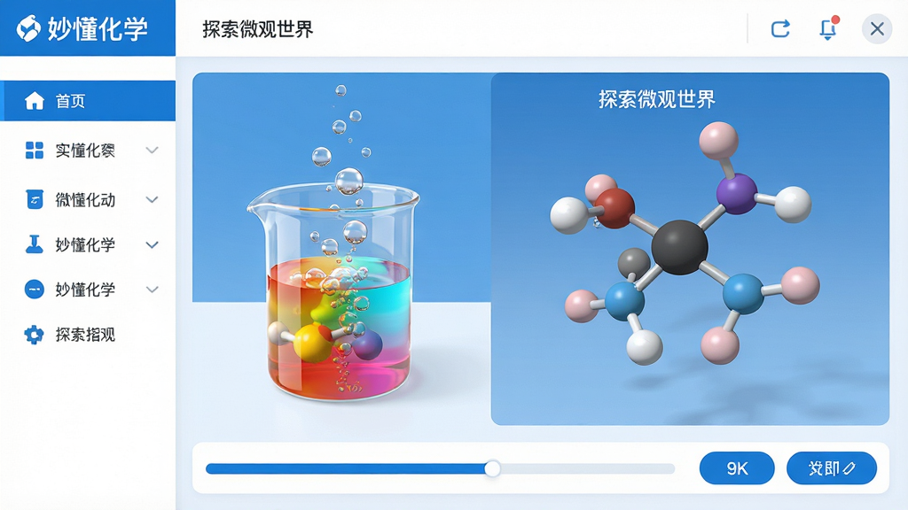 主体:妙懂化学软件界面,展示一个正在进行的虚拟化学实验,烧杯中的液体变色并有气泡冒出。布局:界面左侧为功能导航栏,右侧为3D分子结构模型展示区,底部有进度条和互动按钮。排版:现代扁平化设计,信息层级分明,主色调为蓝色和白色。风格:科技感、教育感、清新明亮。细节:分子模型球棍清晰,实验现象生动,界面文字“妙懂化学”和“探索微观世界”清晰可见。画质:8k超高清,干净,无多余元素。