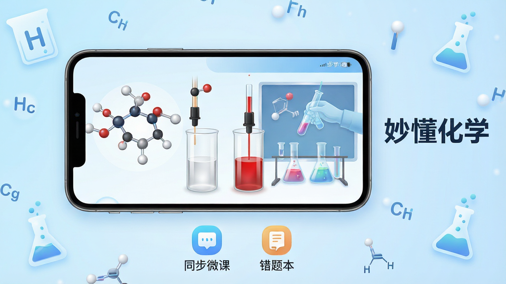 主体:一部智能手机横屏显示妙懂化学的学习界面,屏幕上有分子结构动画和虚拟实验操作。布局:手机居中,背景为浅蓝色渐变,周围点缀着化学元素符号和烧杯图标。排版:手机屏幕内容清晰可见,右侧有“妙懂化学”文字标识。风格:科技感、教育感、明亮通透。细节:屏幕中显示一个正在进行的滴定实验,液体颜色由无色变为红色,手机下方有“同步微课”和“错题本”图标。画质:8k超高清,干净,无多余元素。
