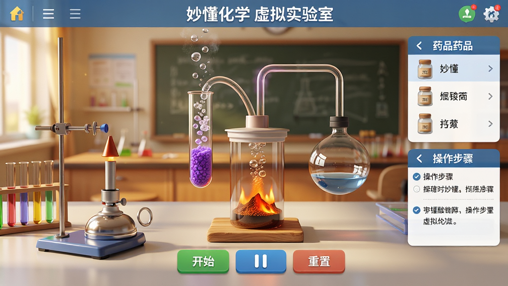 主体:妙懂化学App的虚拟实验室界面,桌面上摆放着试管、酒精灯、铁架台等仪器,屏幕上正在进行加热高锰酸钾制取氧气的实验。布局:主画面为实验台,右侧有药品列表和操作步骤提示,底部有开始、暂停、重置按钮。排版:写实风格与UI元素结合,实验现象清晰。风格:实验室场景、教育感、暖色调。细节:试管中紫色固体加热后产生气泡,导管连接集气瓶,界面文字“妙懂化学 虚拟实验室”可见。画质:8k超高清,干净,无多余元素。