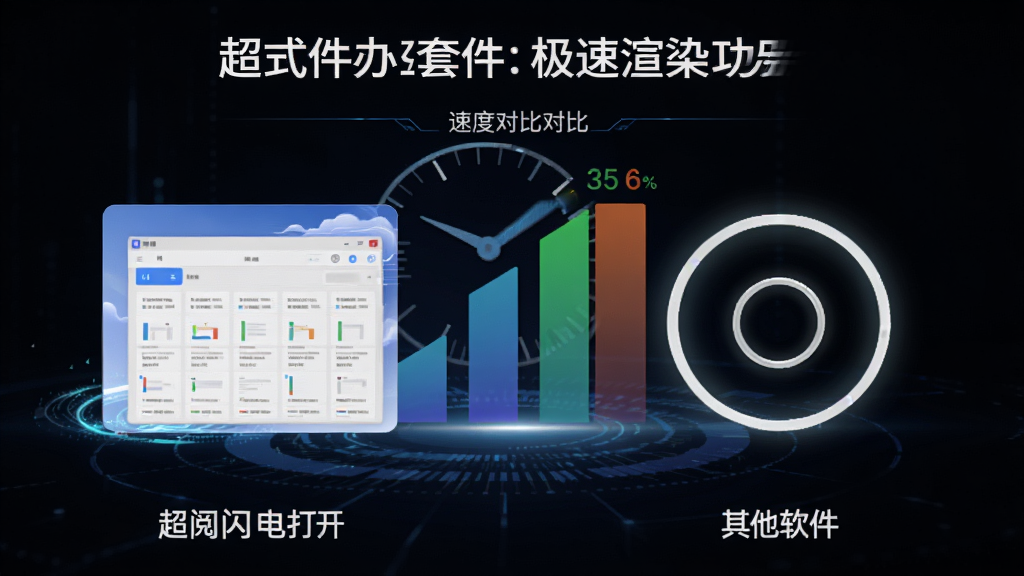 超阅版式办公套件极速渲染功能展示,对比普通软件的加载速度,左侧为超阅闪电打开,右侧为其他软件慢速圆圈,背景为速度对比图表,风格科技感,色彩鲜明,文字清晰,画质干净