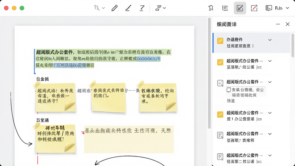 超阅版式办公套件编辑批注界面,文档上显示高亮和黄色便签批注,右侧批注列表,顶部工具栏有编辑和批注图标,界面清爽,布局合理,画质细腻,干净无多余