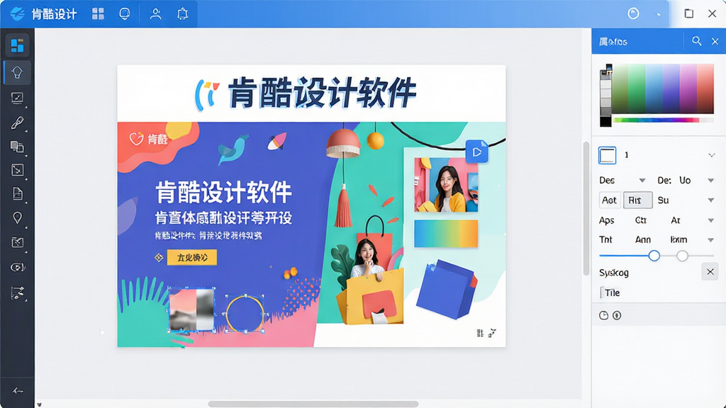 主体:肯酷设计软件的界面全景,展示左侧工具栏、中央画布和右侧属性面板。布局:清晰的三栏式布局,画布中显示一张色彩鲜艳的电商海报设计。排版:界面整洁,图标简洁,画布上方有“肯酷设计软件”字样。风格:现代扁平化,搭配蓝白主色调。细节:画布中可见文字、图片和形状图层,右侧有颜色、字体调节选项。画质:高清,干净,无多余元素。