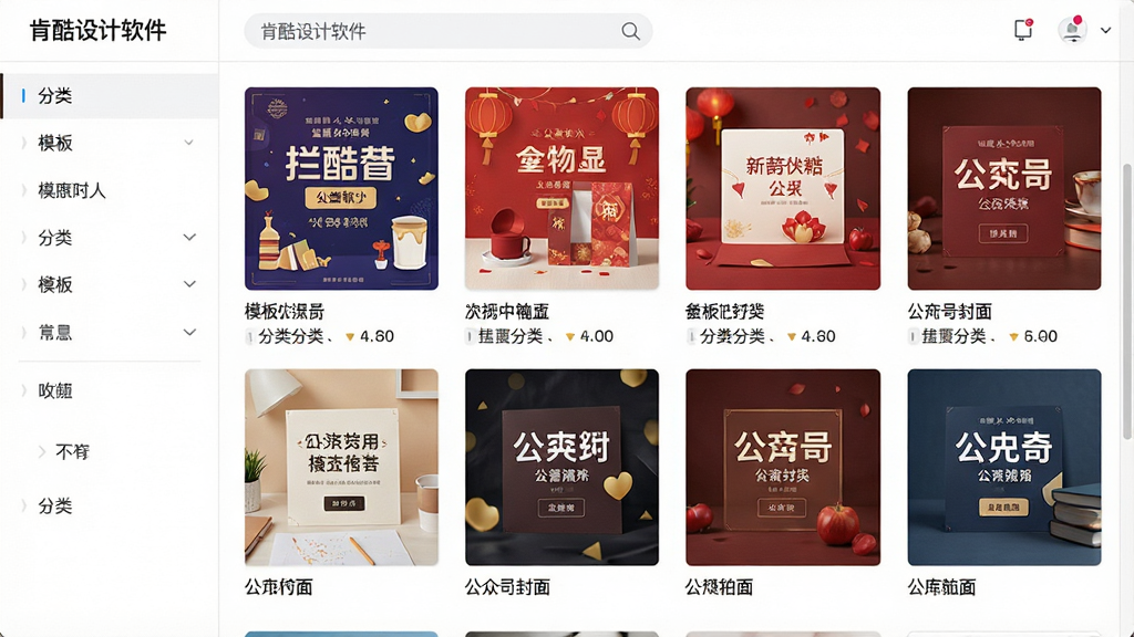 主体:肯酷设计软件的模板库界面,展示多张缩略图。布局:网格状排列,每张缩略图下方标注模板名称和分类。排版:左侧为分类列表,右侧为模板预览区。风格:清新简洁,白色背景。细节:模板缩略图包含促销海报、节日贺卡、公众号封面等,顶部搜索框有“肯酷设计软件”字样。画质:高清,干净,无多余元素。