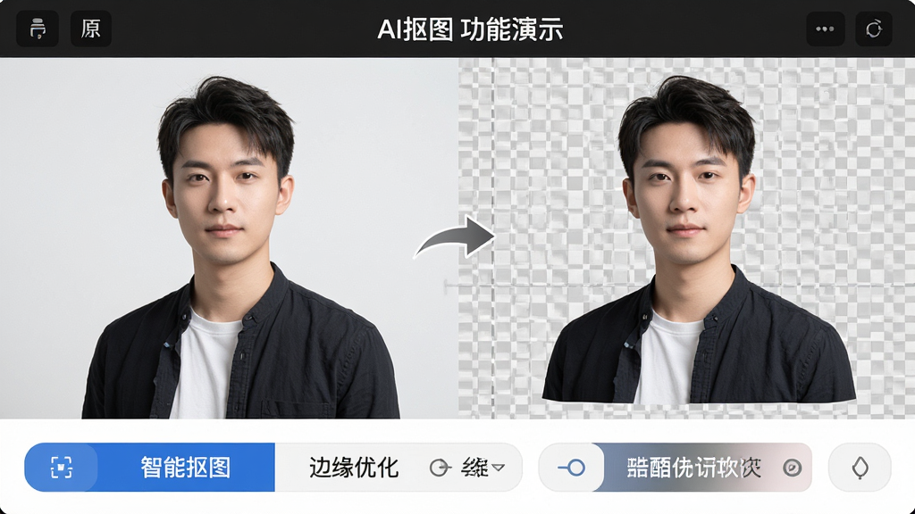 主体:肯酷设计软件的AI抠图功能演示,展示一张人物照片抠出后的效果。布局:左侧原图,右侧抠图结果,底部为功能按钮。排版:对比式布局,结果图背景为透明网格。风格:简洁专业。细节:原图与结果图之间用箭头连接,按钮上有“智能抠图”、“边缘优化”等字样。画质:高清,干净,无多余元素。