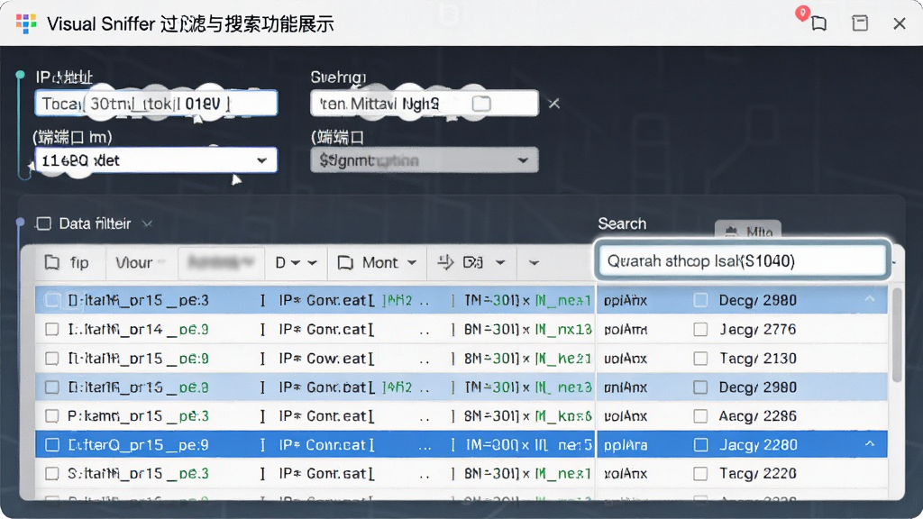 Visual Sniffer 过滤与搜索功能展示,界面中设置多个过滤条件,如IP地址和端口,下方显示过滤后的数据包列表,搜索框高亮显示匹配的数据包行,整体界面简洁,功能区域划分清晰,画质干净。
