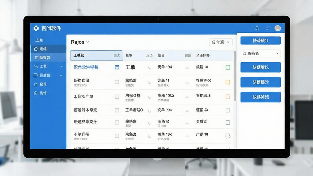 首问软件主界面预览图,展示工单列表与快捷操作按钮,扁平化设计,蓝色主色调,干净明亮,布局规整,文字清晰,画质干净,无多余元素