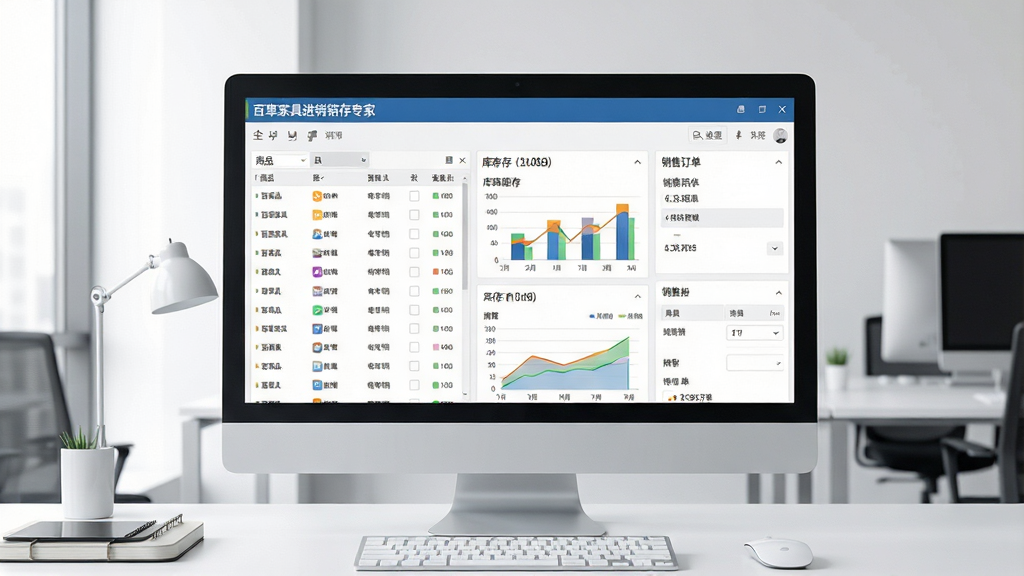 现代办公环境中,一台电脑屏幕上清晰显示着“百草家具进销存专家”软件主界面,界面包含商品列表、库存图表、销售订单等模块,画面整洁明亮,突出软件的专业性与易用性,整体风格商务简约,细节精致,高分辨率,干净无多余元素