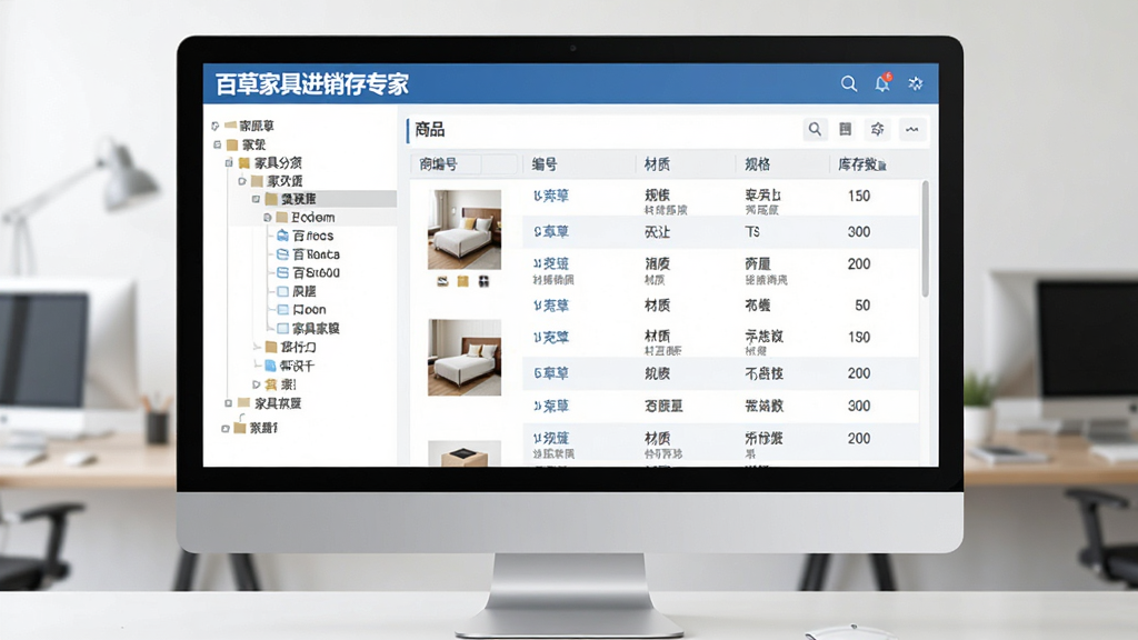电脑屏幕上展示“百草家具进销存专家”的商品管理界面,左侧为家具分类树,右侧为商品详情列表,包含商品图片、编号、材质、规格、库存数量等字段,界面布局清晰,数据条理分明,现代商务风格,高分辨率,画面干净整洁