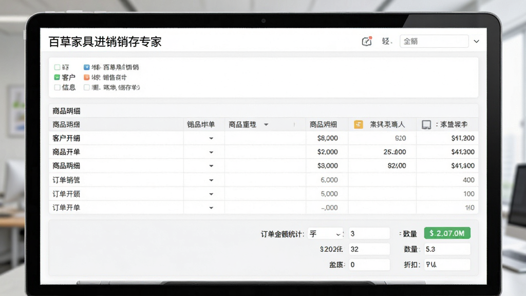 界面展示“百草家具进销存专家”的销售开单页面,上方为客户信息与商品明细表格,下方为订单金额统计,金额、数量、折扣等字段清晰可见,界面风格简洁现代,数据展示直观,商务办公场景,高分辨率,干净无多余元素