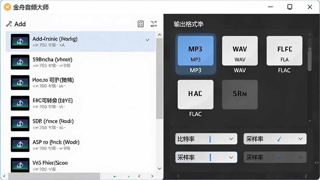 展示金舟音频大师格式转换功能界面,左侧为添加的音频文件列表,右侧为输出格式选择区域,包含MP3、WAV、FLAC等格式图标,下方有比特率和采样率设置选项,界面整洁,现代感强,画质干净,无多余元素。