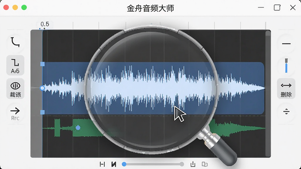 展示金舟音频大师音频剪辑功能的界面,中间是放大后的波形图,光标正在拖拽选中一段音频片段,周围有裁剪、删除、分割等工具按钮,界面清晰明亮,风格专业,画质干净,无多余元素。