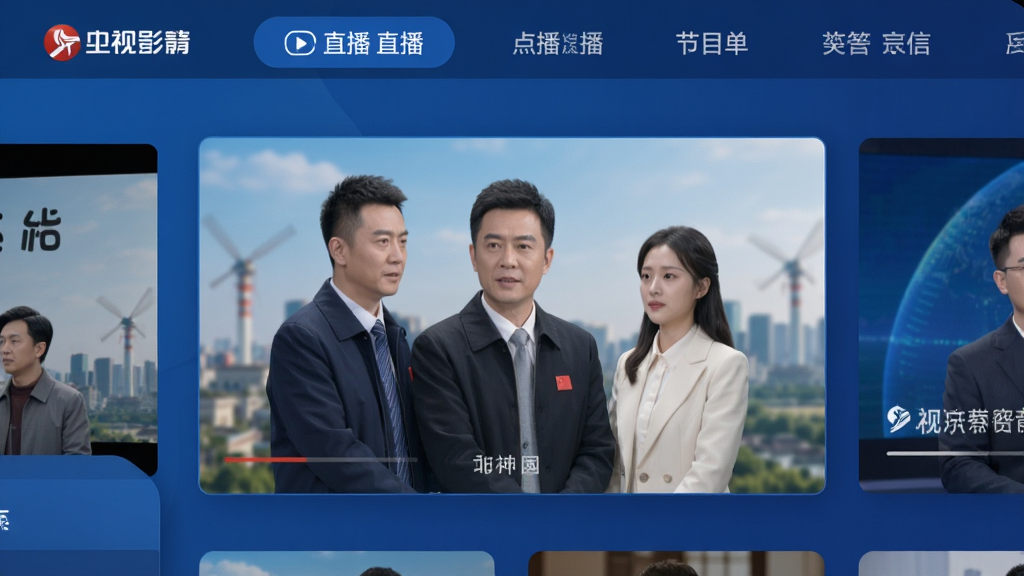 央视影音主界面展示,顶部导航栏包含直播、点播、节目单等栏目,中部为高清视频预览窗口,整体风格简洁大气,蓝色主题色调,界面布局清晰,画质高清,无多余元素