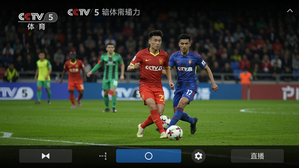 央视影音直播界面展示,正在播放CCTV-5体育频道的高清足球赛事,屏幕上方显示频道台标和节目名称,画面色彩鲜艳,细节丰富,界面底部有清晰的控制按钮,整体风格专业,无多余元素