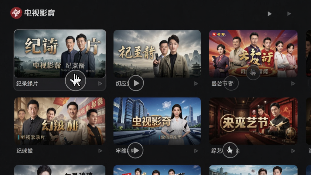 央视影音点播界面展示,显示多部纪录片和综艺节目的缩略图海报,排列整齐,鼠标悬停有播放按钮,界面以深色背景为主,突出内容封面,整体风格时尚,无多余元素