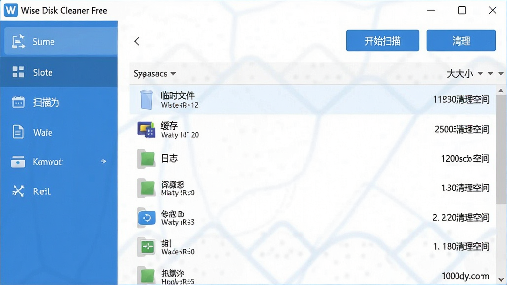 主体:Wise Disk Cleaner Free 软件主界面截图,展示磁盘清理扫描结果列表。布局:左侧功能导航栏,右侧为扫描出的垃圾文件分类与大小显示,顶部有“开始扫描”和“清理”按钮。排版:界面整洁,图标清晰,数据列表有序。风格:现代扁平化设计,蓝色主色调。细节:显示“临时文件”、“缓存”、“日志”等类别,并标注可清理空间。画质:高清,干净,无多余元素。
