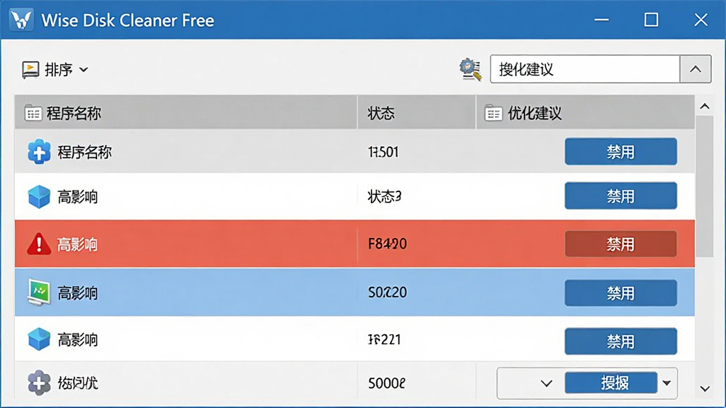 主体:Wise Disk Cleaner Free 的启动项管理界面,展示启动项列表和优化建议。布局:表格形式,每行包含程序名称、状态和操作按钮。排版:信息清晰,支持排序和搜索。风格:简洁商务风,灰色与蓝色搭配。细节:高亮显示“高影响”启动项,并带有“禁用”按钮。画质:高清,专业,无多余元素。