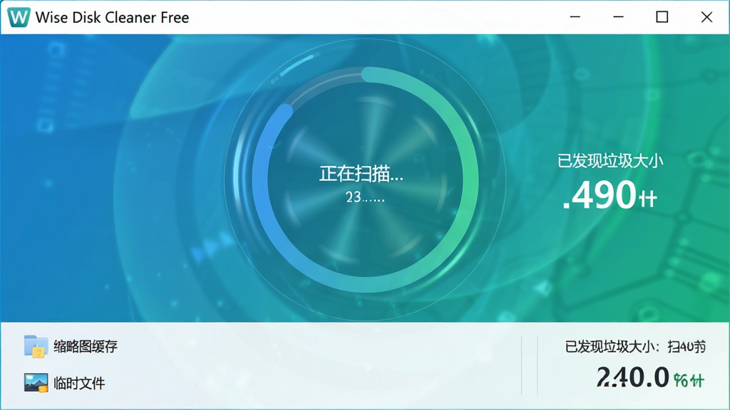 主体:Wise Disk Cleaner Free 正在扫描磁盘的进度界面,显示扫描动画和发现垃圾文件数量。布局:中央为圆形进度环,下方列出正在扫描的目录,右侧显示已发现垃圾大小。排版:数据实时更新,视觉反馈直观。风格:清新科技感,蓝绿色调。细节:进度环上有“正在扫描...”字样,扫描项包括“临时文件”、“缩略图缓存”等。画质:清晰,动态感,无多余元素。