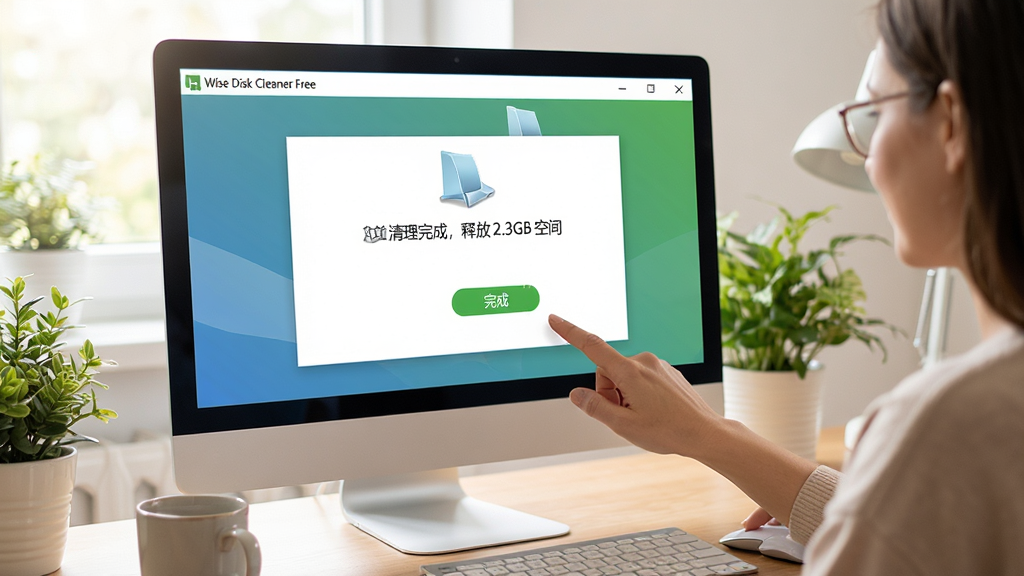 主体:用户正在电脑上操作 Wise Disk Cleaner Free,清理磁盘垃圾。布局:电脑屏幕显示清理完成界面,用户手指点击“完成”按钮。排版:场景温馨,操作直观。风格:写实风格,光线明亮。细节:屏幕上有“清理完成,释放 2.3GB 空间”字样。画质:高清,自然,无多余元素。
