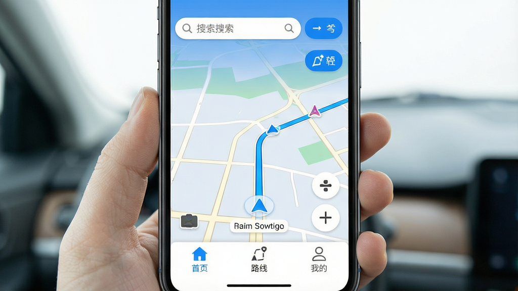 高图地图导航免费手机主界面展示,蓝色调导航地图占据主体,上方搜索栏与路线按钮清晰可见,底部菜单栏包含“首页”“路线”“我的”三个图标,整体布局简洁现代,画质干净明亮,无多余元素