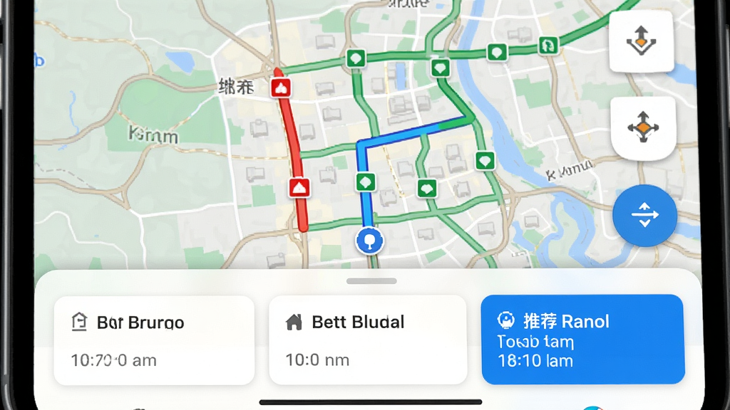 高图地图导航免费路线规划界面特写,地图上显示红色拥堵与绿色畅通路段,底部卡片列出三条备选路线及预计时间,蓝色高亮推荐路线,界面清晰直观,画质细腻干净