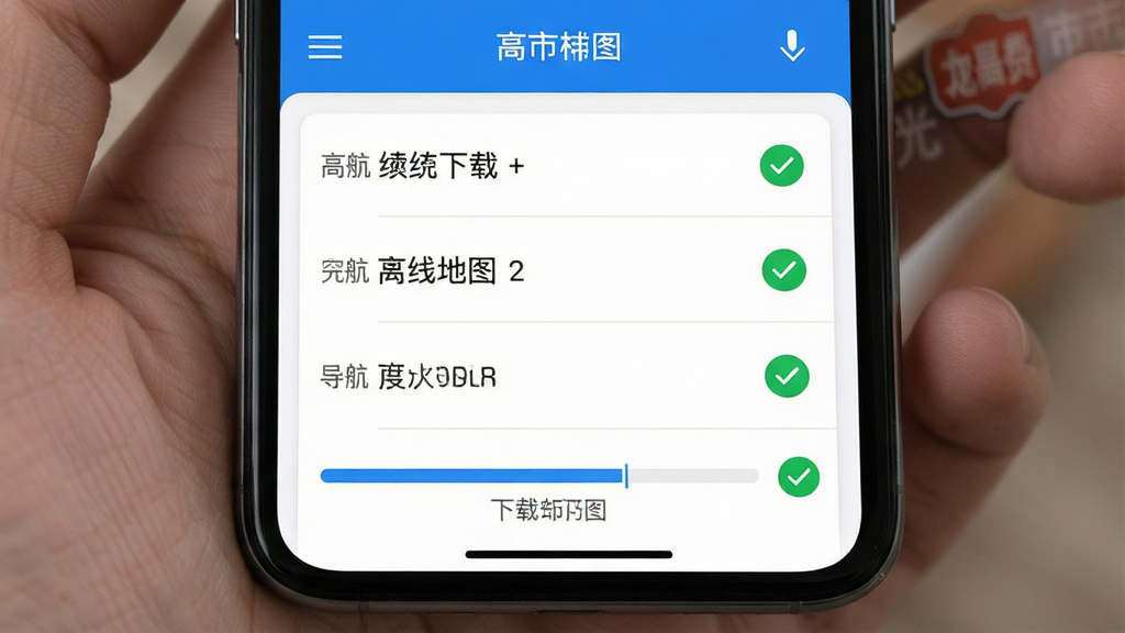 高图地图导航免费离线地图下载页面,手机屏幕显示城市列表与下载进度条,已下载城市标注绿色对勾,界面以蓝色与白色为主,画质干净整洁,无多余元素
