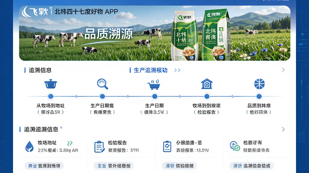 主体:飞鹤丨北纬四十七度好物APP的“品质溯源”功能页面。布局:页面顶部是产品图片,中间是追溯流程图,底部是详细的追溯信息列表。排版:流程图采用时间线设计,清晰展示从牧场到餐桌的每个环节。风格:简洁专业的界面风格,突出科技感和信赖感。细节:追溯信息包括牧场地址、生产日期、检验报告等,以文字和图标形式呈现。画质:高清专业,干净清晰,无多余元素。