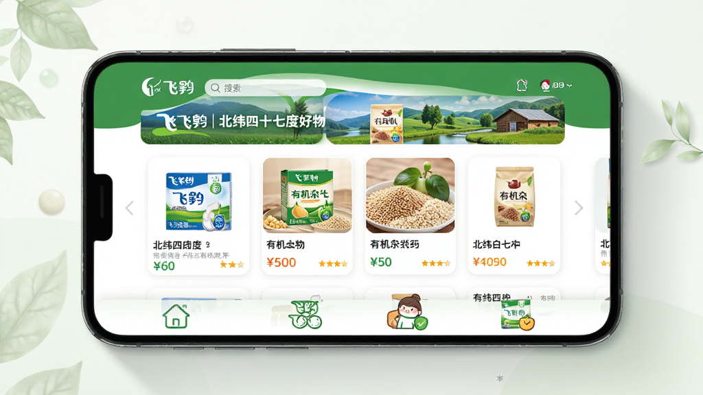 主体:手机屏幕展示飞鹤丨北纬四十七度好物APP主界面,界面风格清新自然,以绿色和白色为主色调。布局:屏幕中央显示产品列表,上方是搜索栏和轮播图,下方有功能导航图标,整体布局简洁明了。排版:采用卡片式排版,产品图片和名称清晰可见,价格和评分信息一目了然。风格:现代简约的UI设计,融合自然生态元素,体现健康生活理念。细节:界面中产品图片为飞鹤奶粉、有机杂粮等北纬四十七度特色好物,图标设计圆润可爱。画质:高清细腻,色彩清新自然,干净无多余元素。