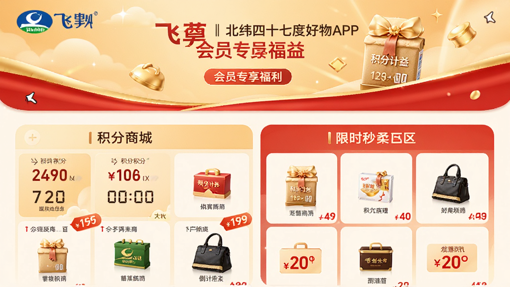 主体:飞鹤丨北纬四十七度好物APP的会员专享福利页面。布局:页面顶部是会员权益Banner,下方是积分商城和限时秒杀专区。排版:以宫格形式展示各项权益和商品,视觉层次分明。风格:温馨活泼的界面风格,搭配金色和红色点缀,突出尊贵感和优惠氛围。细节:显示积分数字、倒计时、折扣标签等元素。画质:高清精致,色彩鲜艳,干净无多余元素。