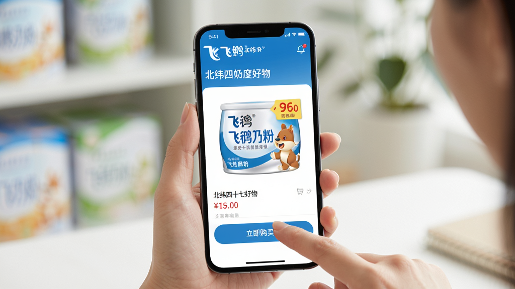 主体:用户正在手机上使用飞鹤丨北纬四十七度好物APP进行购物的场景。布局:手机屏幕清晰显示应用界面,用户手指正在点击“立即购买”按钮。排版:手机在画面中心,背景虚化,突出操作主体。风格:写实风格,光线明亮,营造出便捷、安心的购物氛围。细节:手机屏幕上显示商品为飞鹤奶粉,价格标签清晰。画质:高清真实,干净无多余元素。