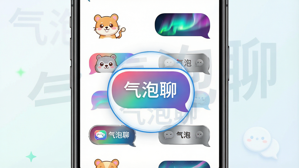 一张展示“气泡聊”软件个性化设置界面的宣传图,画面主体是手机屏幕的截图展示,屏幕中排列着各种风格迥异的气泡样式缩略图,包括卡通动物、极光渐变、金属质感等,其中一个气泡被选中并放大显示,周围有“气泡聊”的LOGO水印,布局为主次分明的列表式,排版清晰,风格活泼,细节精致,画质高清,干净无多余元素
