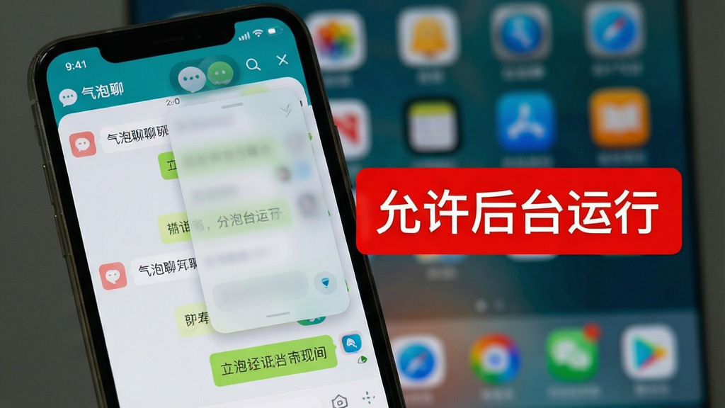 一张“气泡聊”软件在手机后台运行的截图,手机屏幕显示“气泡聊”的聊天界面被悬浮窗小窗模式打开,背景是模糊的桌面,画面中有一个明显的红色警示框标注着“允许后台运行”字样,布局为手机实拍图,排版紧凑,风格写实,细节清晰,画质高清,画面干净无多余元素