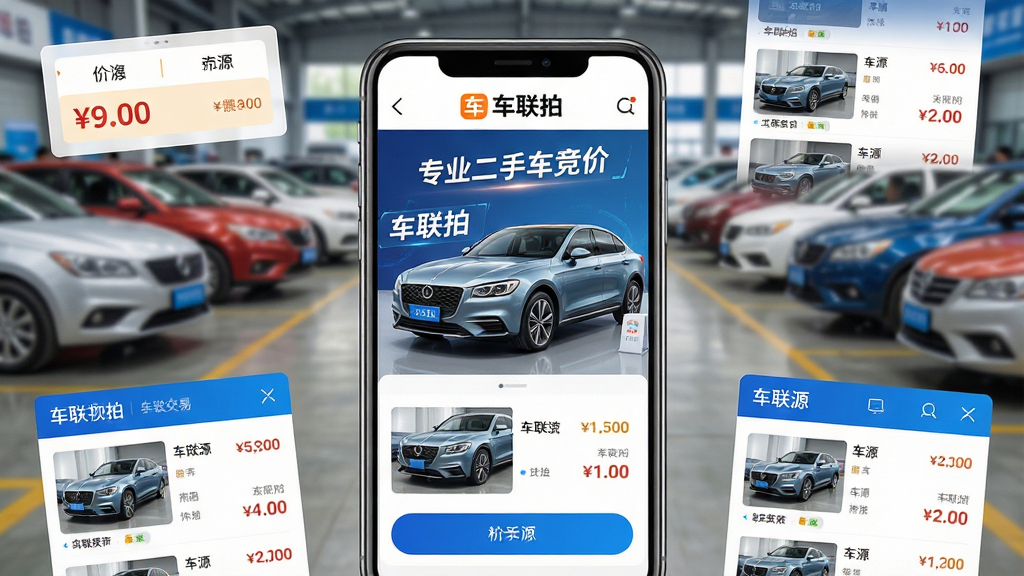 主体:手机屏幕展示车联拍APP界面,背景为二手车交易市场场景,画面中央一辆崭新的二手车,车旁有“车联拍”字样。布局:手机界面占据视觉中心,周围有出价、车源列表等元素环绕。排版:手机界面清晰显示“车联拍”LOGO和“专业二手车竞价”标语,下方有车辆图片和价格信息。风格:写实商务风,色彩明亮,突出科技感与专业感。细节:车辆漆面反光,界面按钮清晰,背景虚化车流。画质:高清,干净,无多余元素。