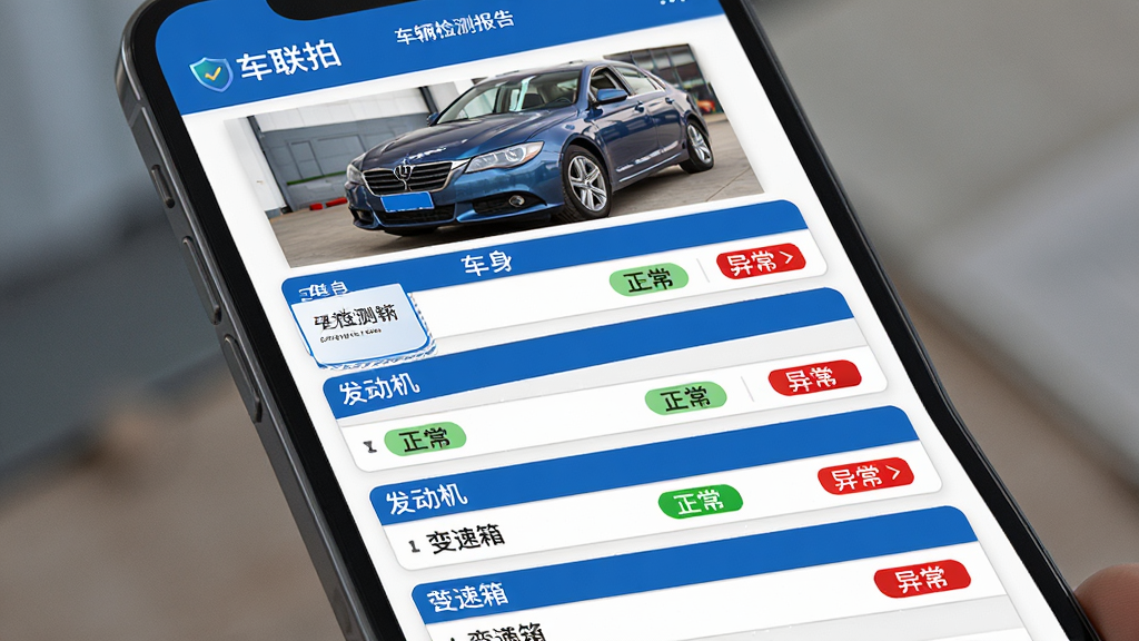 主体:车联拍APP的车辆检测报告页面展示,表格形式列出各项检测指标。布局:手机屏幕占据画面主体,报告内容清晰可见,车辆照片在屏幕上方。排版:报告分为车身、发动机、变速箱等板块,每项有“正常”或“异常”标签。风格:商务严谨,蓝色基调。细节:检测项文字清晰,异常项用红色标注,背景为纯白色。画质:高清,干净,无多余元素。