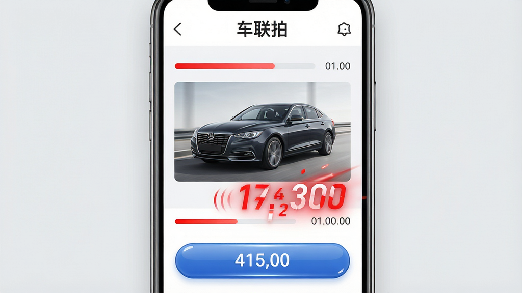 主体:车联拍APP竞拍界面特写,显示一辆汽车图片和实时出价数字。布局:手机界面居中,出价数字用红色突出显示,周围有进度条和倒计时。排版:界面顶部有“车联拍”字样,中间是车辆照片,下方是出价按钮和价格。风格:现代简约,UI设计清晰。细节:出价数字动态效果,按钮有光泽,背景为浅灰色。画质:高清,干净,无多余元素。