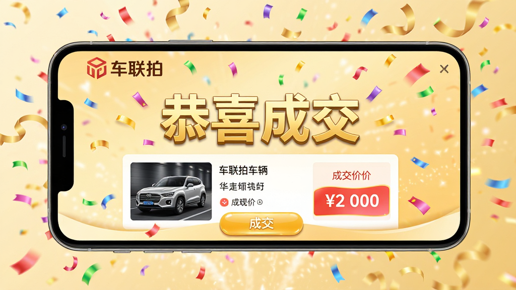 主体:手机横屏显示车联拍APP的竞拍成功页面,有“恭喜成交”字样和车辆图片。布局:手机居中,背景为庆祝礼花效果。排版:页面顶部有“车联拍”LOGO,中间金色“恭喜成交”大字,下方是车辆信息和成交价。风格:喜庆活泼,色彩明亮。细节:礼花碎片点缀,按钮有光泽,背景为浅金色。画质:高清,干净,无多余元素。