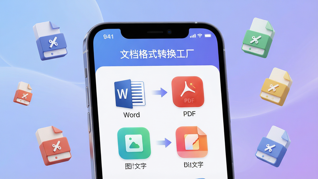高清数字艺术风格的主视觉图,画面中央是手机屏幕放大展示“文档格式转换工厂”APP主界面,界面清晰显示Word转PDF、图片转文字等彩色图标,背景是柔和的蓝紫色渐变,四周漂浮着带有文件格式图标的3D小方块,布局饱满,排版干净,质感细腻,光线通透,画质极佳,无多余元素