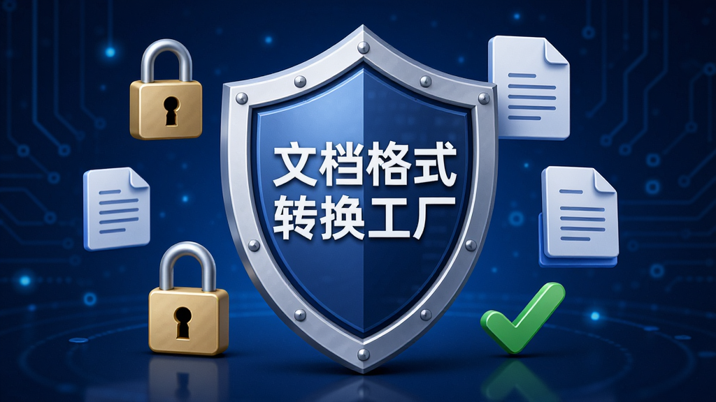 安全盾牌与文件结合的概念图,盾牌中央有“文档格式转换工厂”字样,周围环绕着加密锁、文档图标和绿色对勾,背景为深蓝色科技感渐变,立体风格,构图稳重,细节到位,画质锐利,干净无多余元素