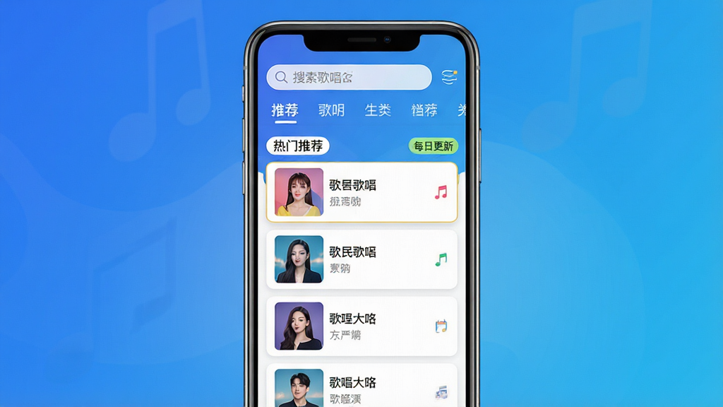 主体:手机屏幕展示“全民歌唱K免费”的歌曲列表界面,上方有搜索栏和分类标签。布局:手机居中,屏幕内容清晰可见,背景为渐变蓝色。排版:歌曲列表采用卡片式排列,每首歌显示歌名和歌手。风格:界面简洁,色彩明快。细节:屏幕中显示热门推荐和“每日更新”标签。画质:高清,干净,无多余元素。