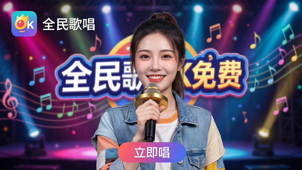 主体:一位年轻女性手持麦克风,面带微笑,站在带有“全民歌唱K免费”logo的舞台背景前。布局:人物居中,背景为动态彩色光束和音符元素。排版:画面左上角显示应用图标和名称,底部有“立即唱”按钮。风格:现代时尚,明亮活泼,色彩鲜艳。细节:人物穿着休闲,麦克风有金色装饰,背景虚化突出主体。画质:高清,干净,无多余元素。