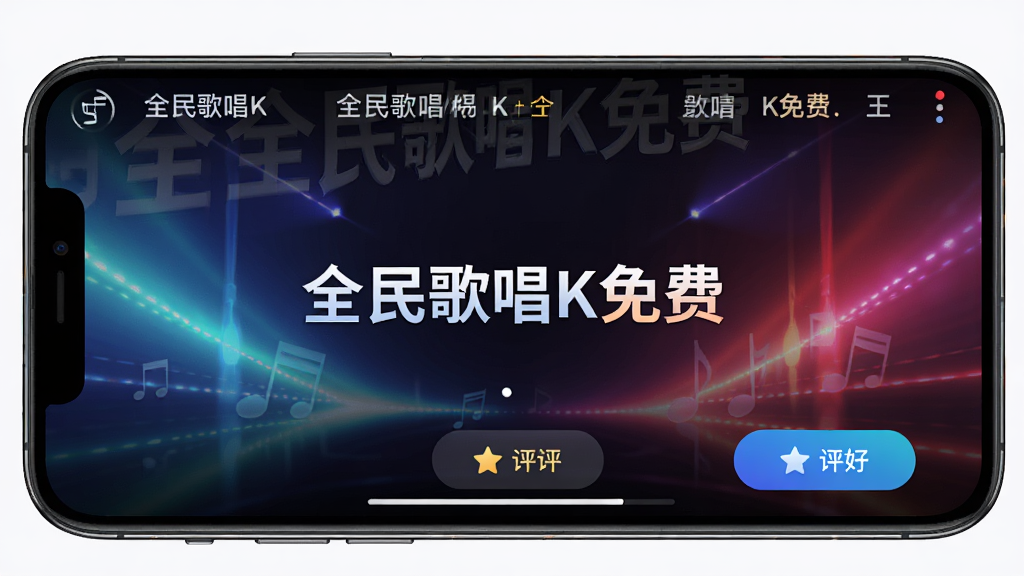 主体:手机横屏显示“全民歌唱K免费”演唱界面,上方有歌词滚动,下方有评分按钮。布局:手机居中,背景为彩色光效。排版:歌词居中显示,评分按钮在右下角。风格:动感,科技感。细节:屏幕上有“全民歌唱K免费”水印。画质:高清,干净,无多余元素。