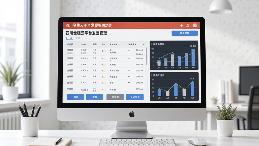 四川金穗云平台发票管理功能界面,电脑屏幕上显示发票列表和统计图表,操作按钮清晰,办公桌环境,现代商务风格,画面明亮,画质高清,干净无多余元素