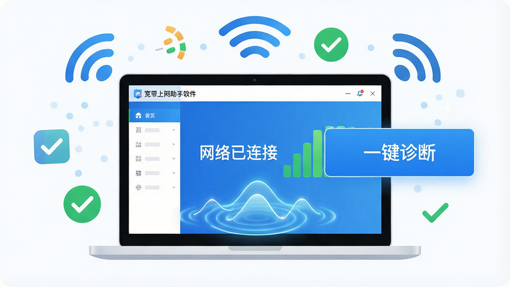 主体:宽带上网助手软件主界面,一台笔记本电脑连接着发光的网络波纹;布局:电脑居中,周围环绕着信号图标和绿色对勾;排版:界面清晰,左侧功能菜单,右侧大按钮“一键诊断”;风格:现代科技感,扁平化设计,蓝白配色;细节:屏幕中显示“网络已连接”,信号满格;画质:8K,高清,干净,无多余元素