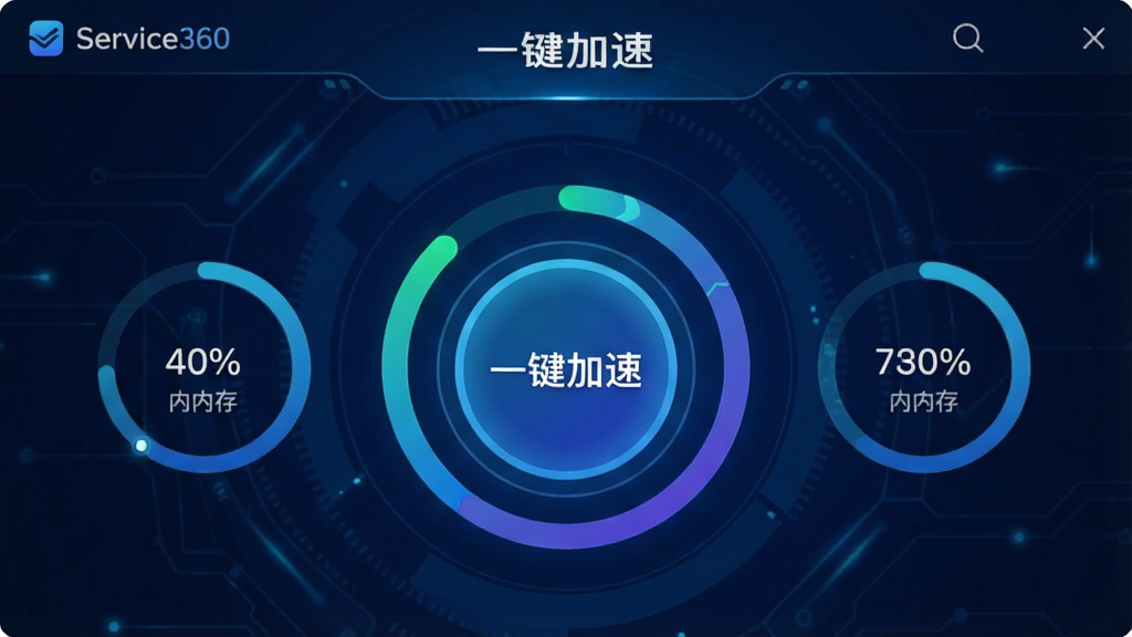 一张功能演示截图,主体为Service360应用内“一键加速”页面,中央显示圆形加速按钮,周围环绕内存占用百分比环形图,背景为深蓝色科技风,布局简洁明了,风格炫酷,画质清晰,干净无多余元素,图片中文字为“一键加速”