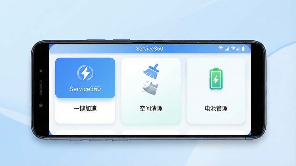 一张高清产品展示图,主体为一部运行Service360应用的安卓智能手机,屏幕清晰显示主界面,包含“一键加速”、“空间清理”、“电池管理”功能卡片,布局居中对称,背景为浅蓝色渐变,风格简洁现代,画质细腻,干净无多余元素,图片中文字为“Service360”