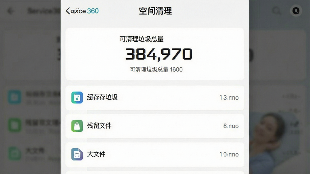 一张功能演示截图,主体为Service360应用内“空间清理”页面,上方显示可清理垃圾总量数字,下方列出缓存垃圾、残留文件、大文件等分类条目,布局清晰,风格清爽,画质细腻,干净无多余元素,图片中文字为“空间清理”