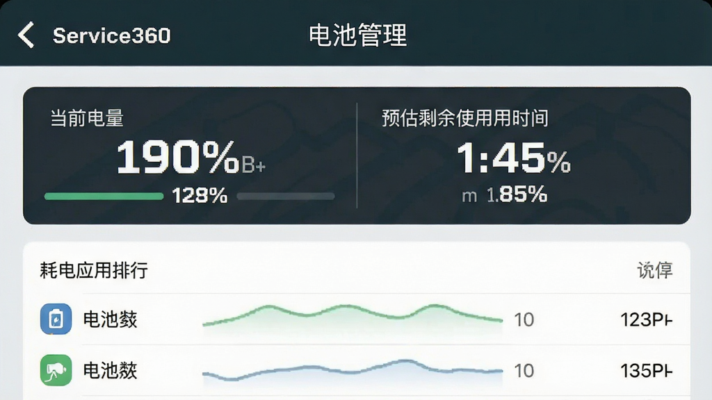 一张功能演示截图,主体为Service360应用内“电池管理”页面,显示当前电量百分比与预估剩余使用时间,下方列出耗电应用排行,布局直观,风格简约,画质清晰,干净无多余元素,图片中文字为“电池管理”